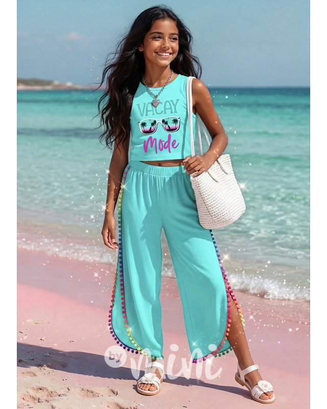 Vacay mode pompon letní beach set tyrkysový