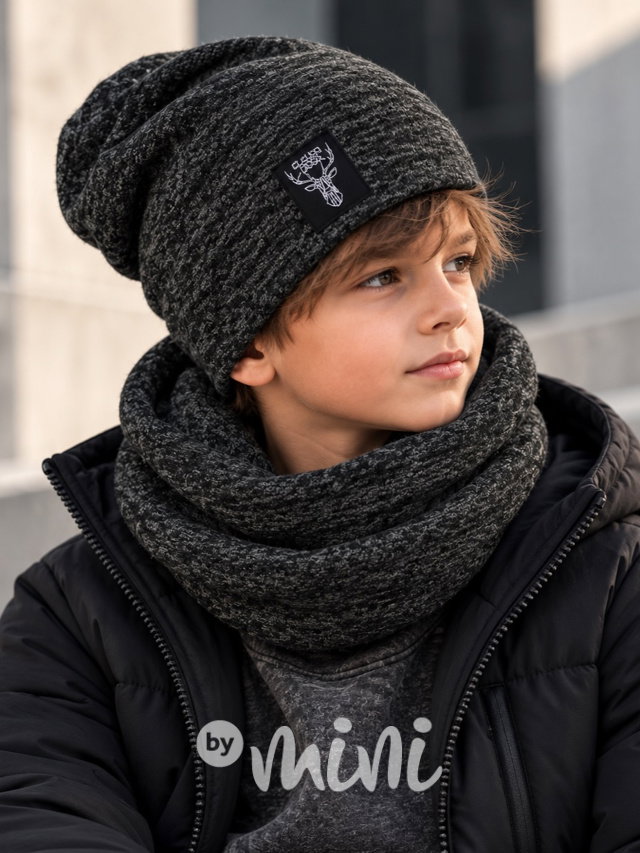 Deer melange beanie čepice + maxi nákrčník antracit