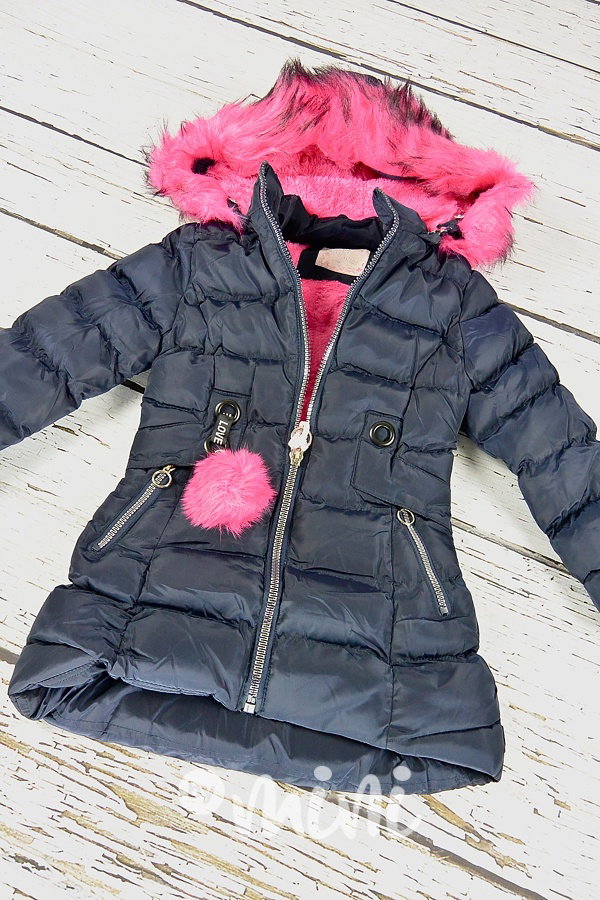 Dívčí kabát tmavě modrý s růžovým kožichem