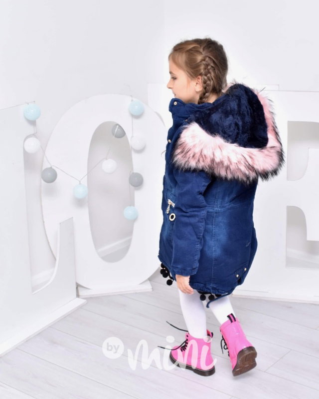 Zimní jeans parka s kožešinkou light pink