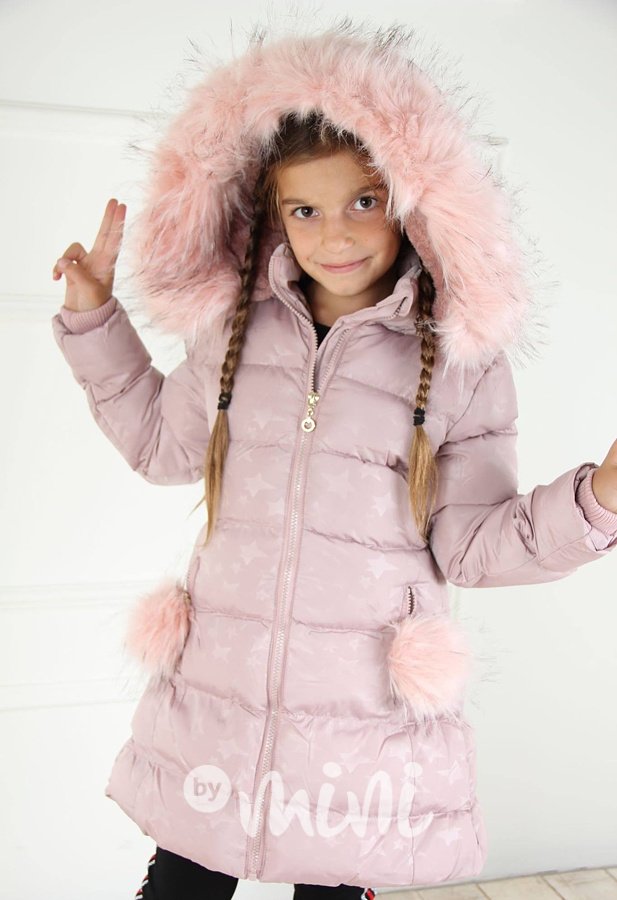 Růžový dívčí zimní kabát s hvězdičkami
