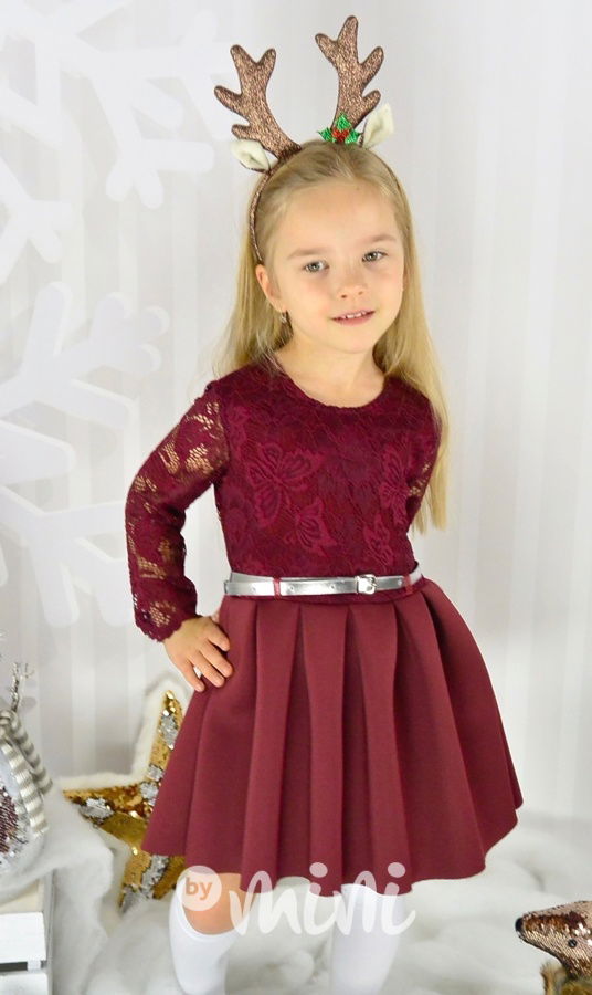 LUXURY BORDO dívčí šaty s krajkou 