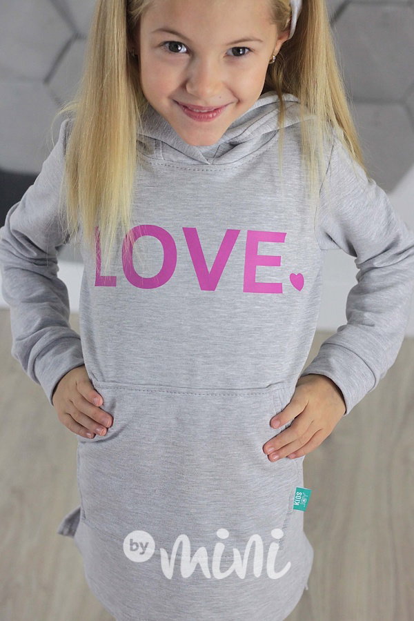 LOVE hoodie dress s kapucí šedá