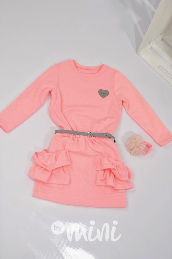 Neon pink dětské šaty s páskem + náramek s tylem