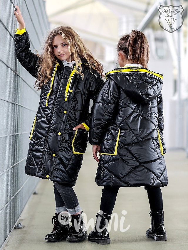 Designový black/yellow dívčí kabát