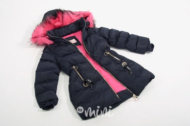 Dívčí dětský prošívaný zimní kabát tmavě modrý s kapucí a kožíškem