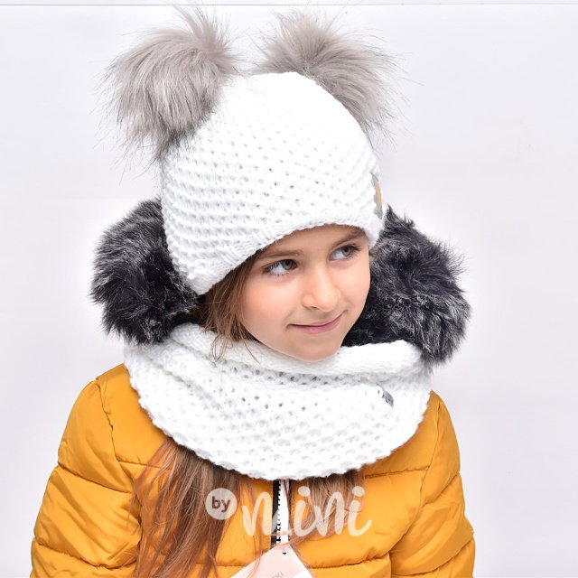 Pompon duo dívčí čepka s nákrčníkem - white