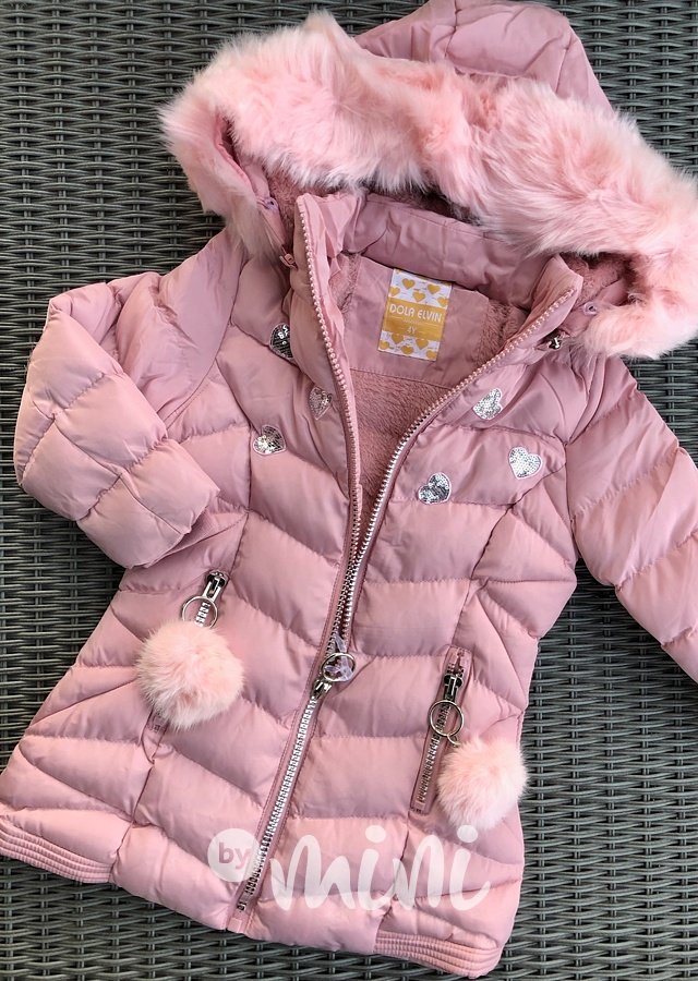 Prošívaný růžový dětský dívčí zimní kabátek s kapucí a kožešinou BY MINI