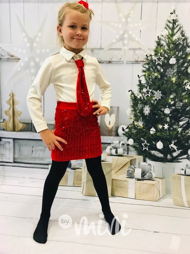 Dívčí set sukně s flitry, košile a kravata s flitry