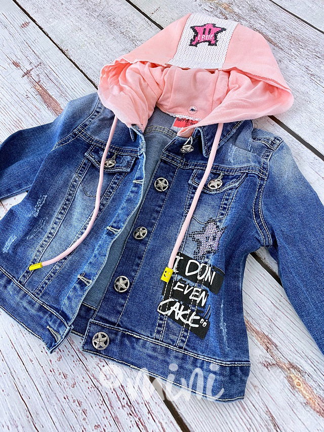 Jeans bunda s růžovou kapucí