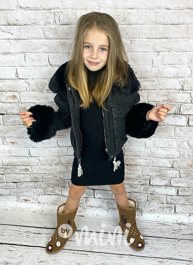 Oversize jeans bunda s kožíškem - černá