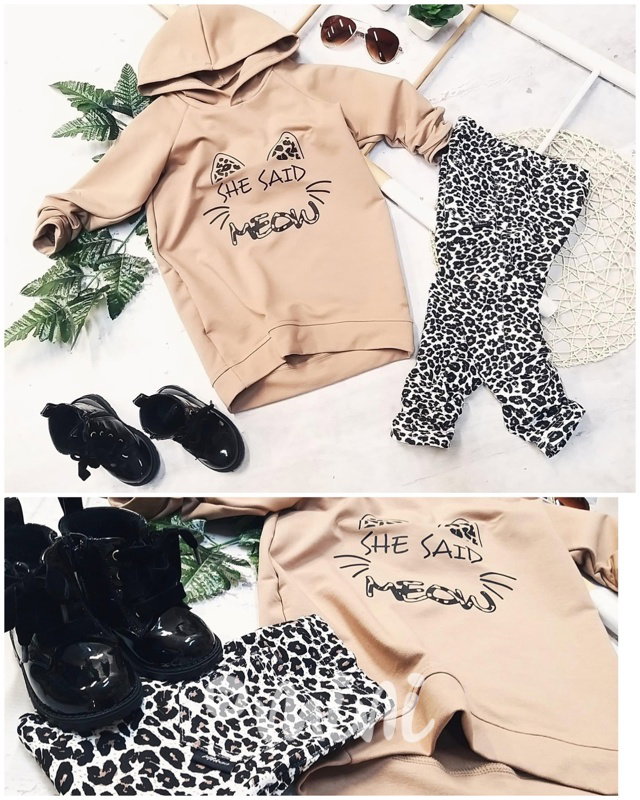MEOW dívčí hoodie mikina + jegginy nude