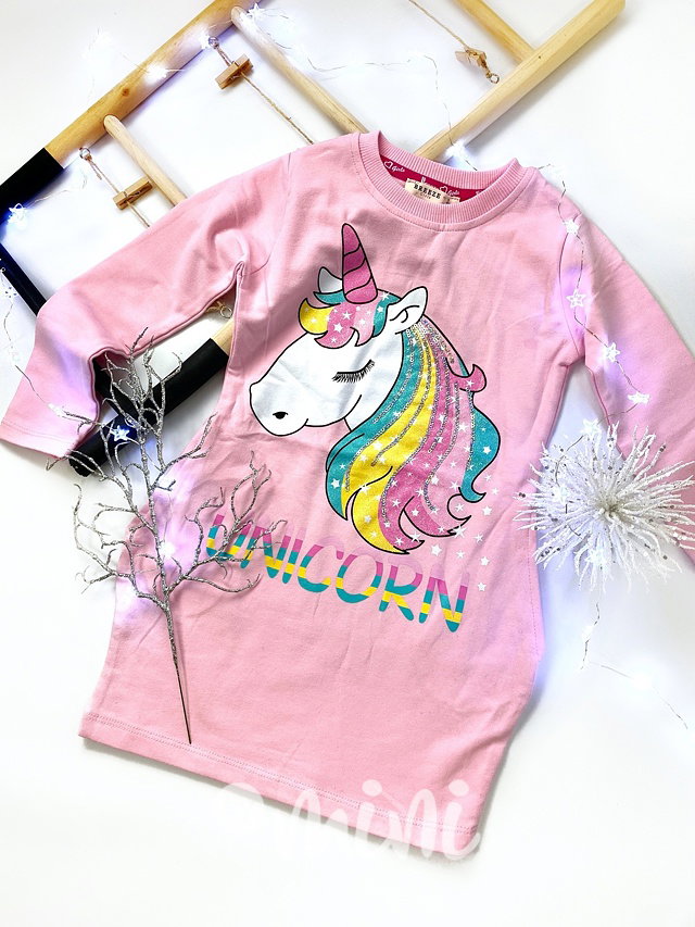 Dětské růžové šaty unicorn jednorožec s dlouhým rukávem