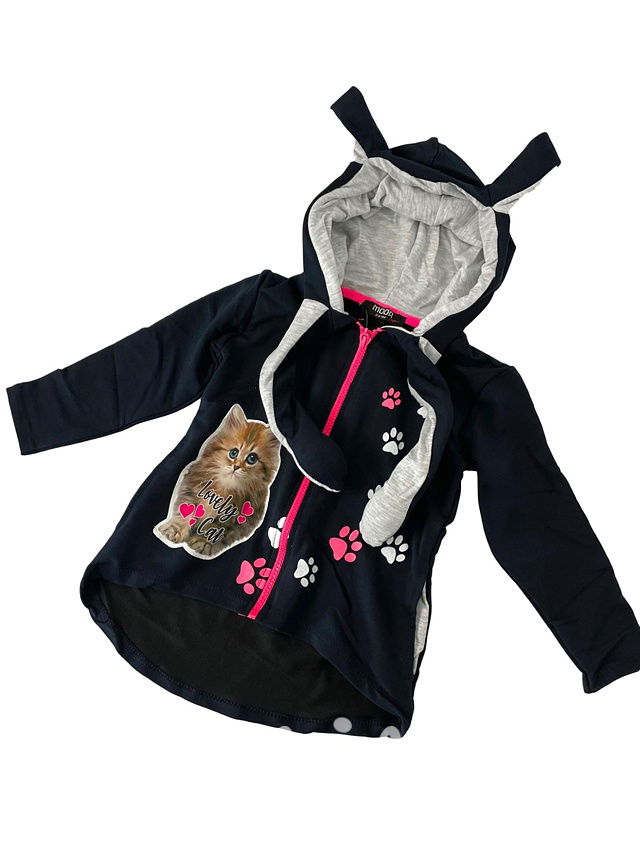 Quirky hoodie - pohyblivé uši - kočičí dívčí mikina - modrá
