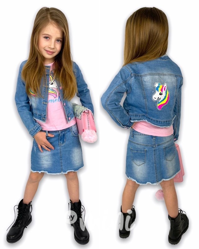 Jeans 3-dílný dívčí komplet UNICORN pink s flitry a kamínky