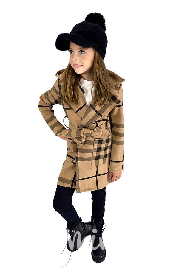 Flaušový hoodie kabát karo beige