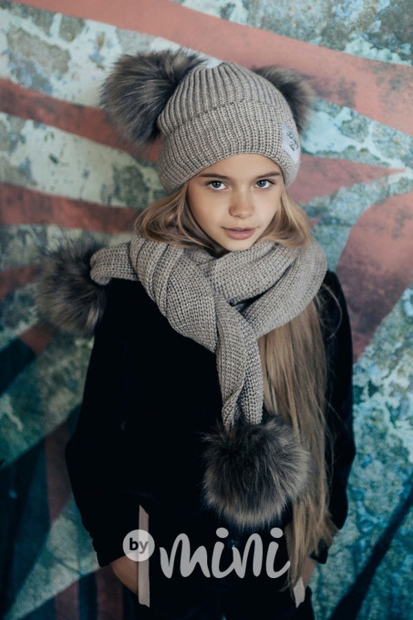 Zimní termo kulich dva pompony s maxi šálou - beige
