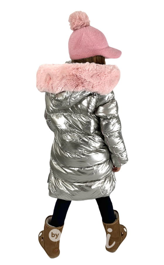Silver zimní kabát s růžovou kožešinou