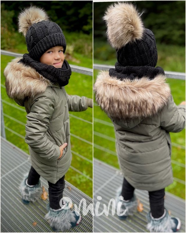 Zimní dlouhá bunda s maxi chlupem - khaki