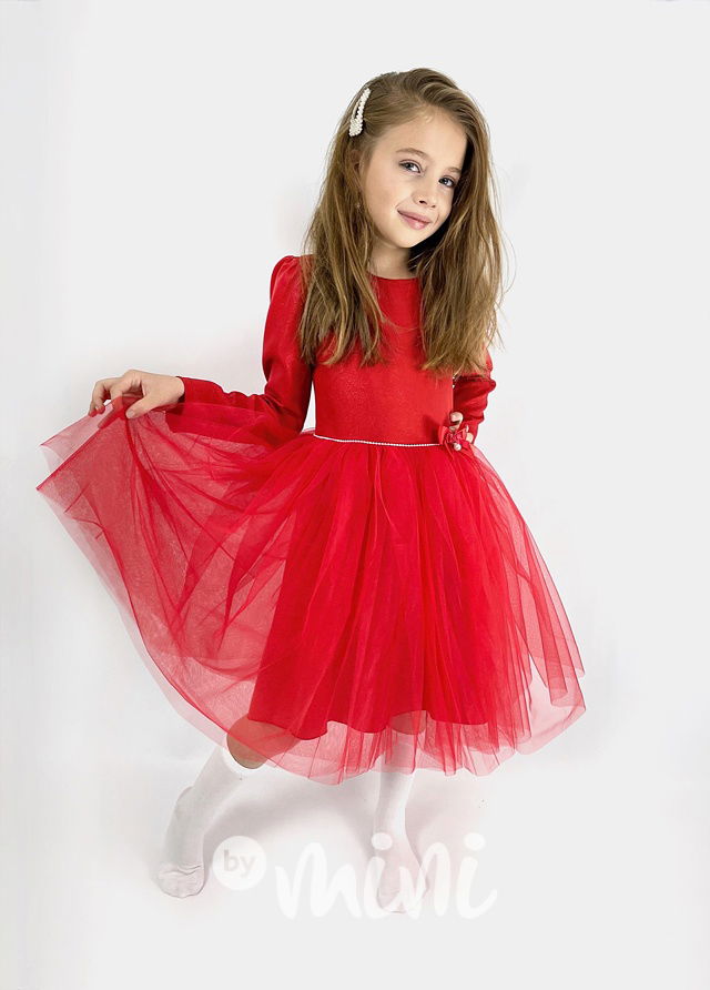 Krásné dětské dívčí luxusní červené šaty s dlouhým rukávem