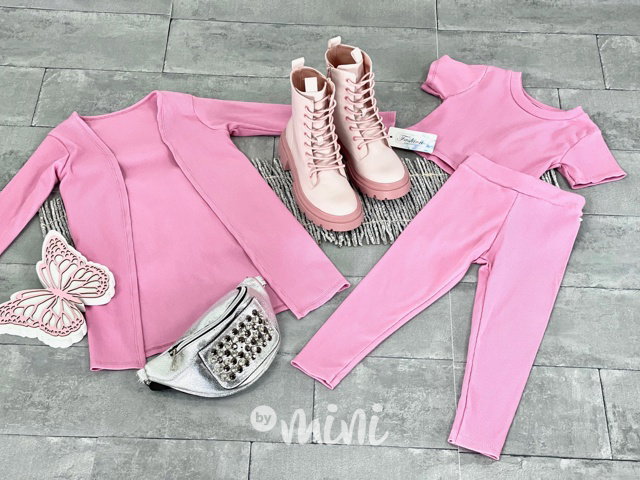 HIT 3-dílný žebrovaný set s kardiganem pink