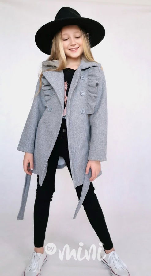 Flaušový kabát s volánky šedý
