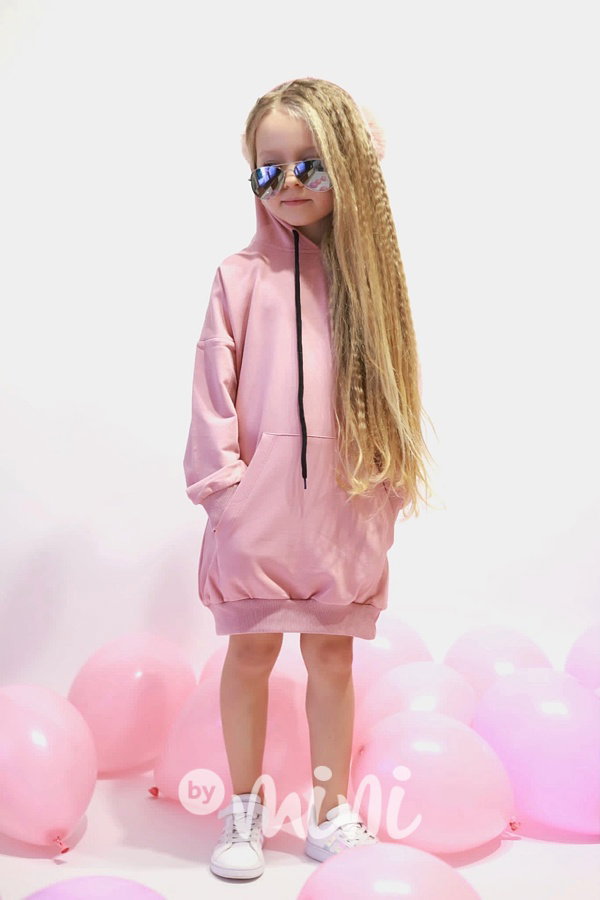 Hoodie mikinová tunika s bambulkama pink