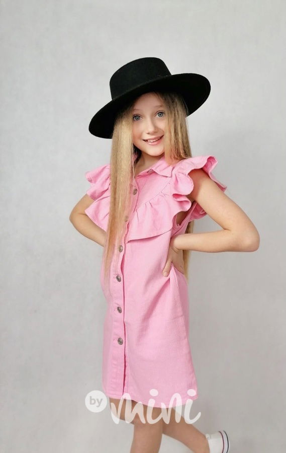 Růžové jeans šaty s volánkem