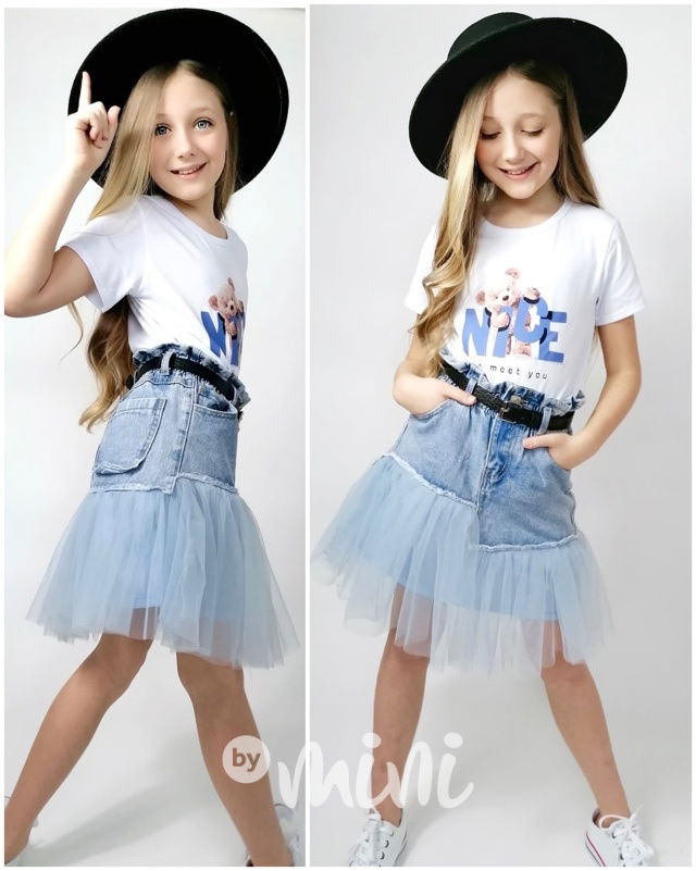 Blue jeans sukně s tylem a páskem