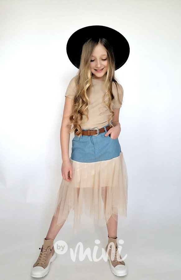 Soft denim sukně s tylem beige