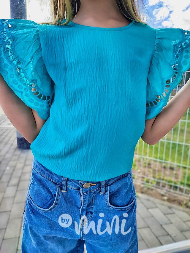Tyrkys blůzka s krajkovými rukávy