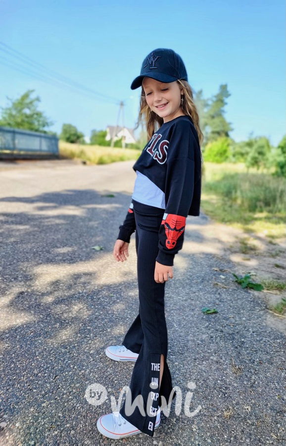 Stretch dívčí zvonáče s nápisy a rozparkem