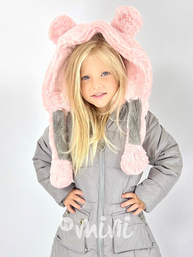 Zimní kabát s ouškama grey/pink