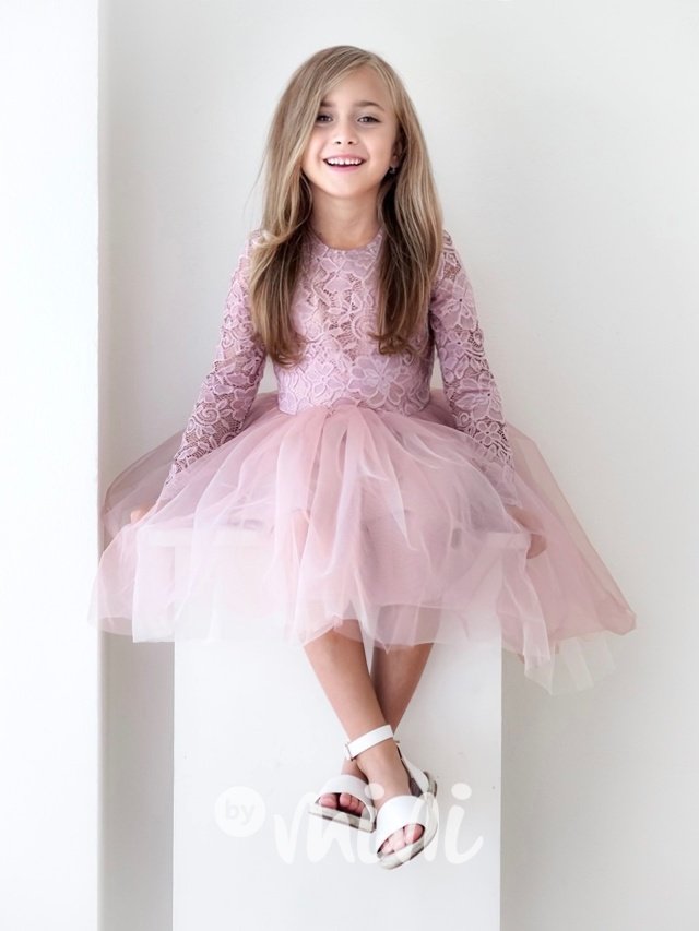 Princess krajkové šaty s maxi tylovou sukní pudder pink