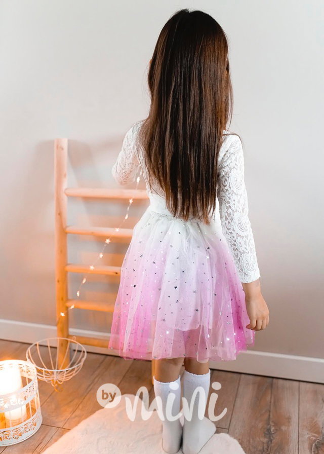 Bílé krajkové ombre šaty s hvězdičkami pink