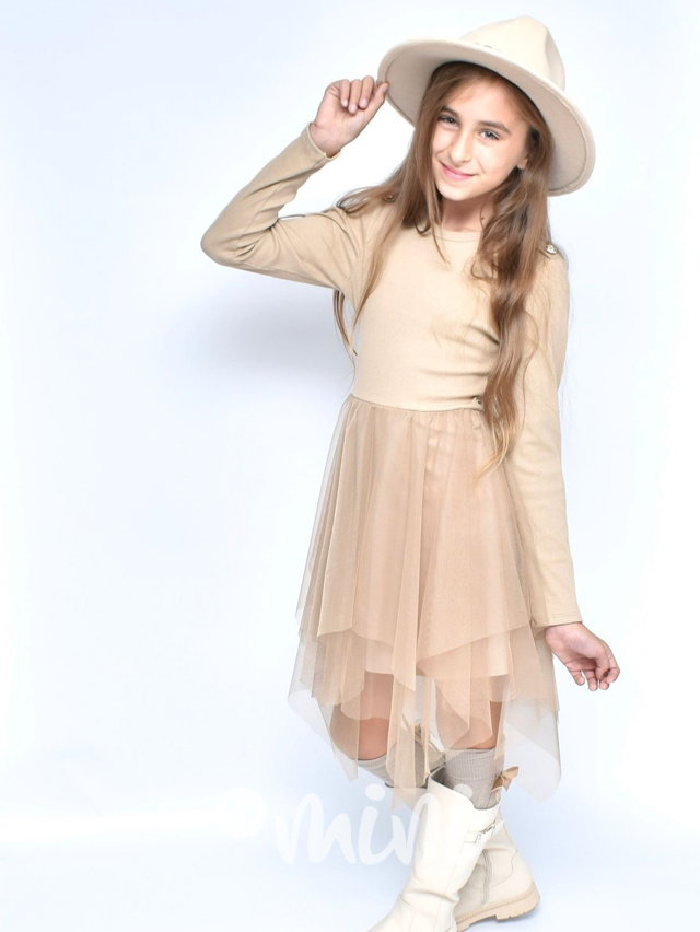 Žebrované šaty s tylem beige