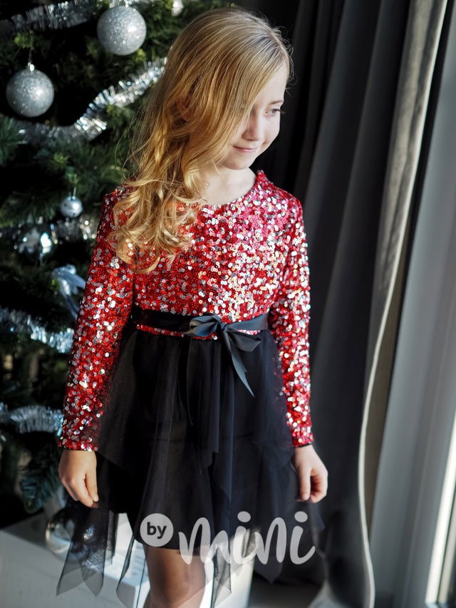 Metallic red flitr šaty s tylem