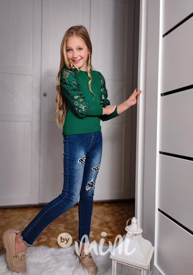 Lehce oteplené jeans jegginy zdobené perličkami
