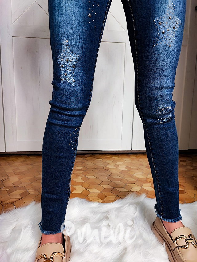 Lehce oteplené jeans jegginy zdobené kamínky