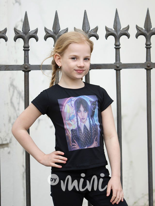 Wednesday žebrované triko cat černé