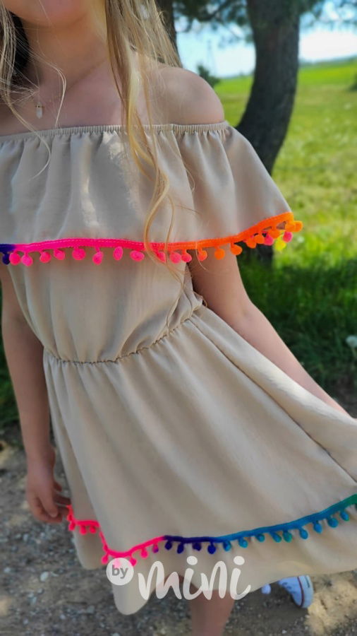 Boho beach dress pompon beige