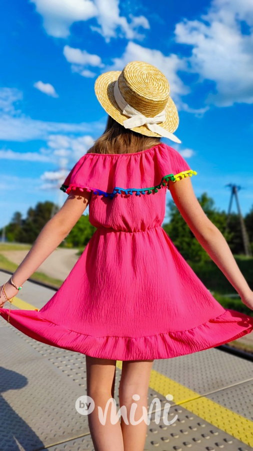 Boho beach dress pompon pink