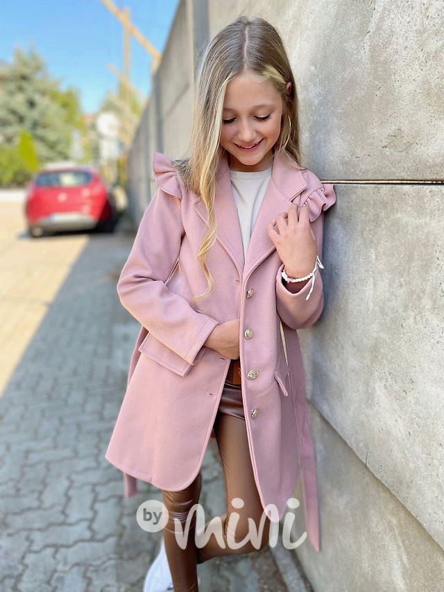 Flaušový kabát s řasením pink