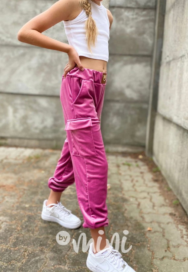 Velurové cargo kapsáče pink