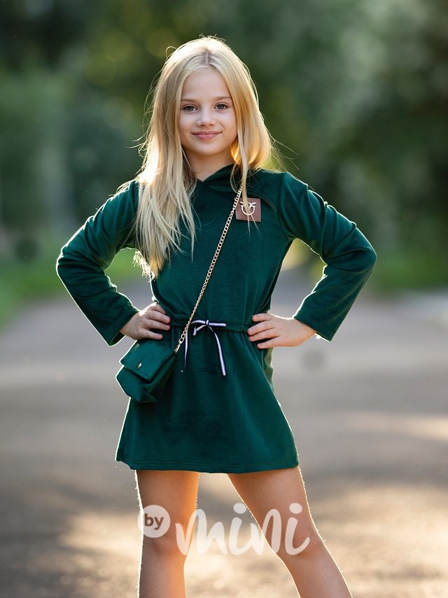 Velurové hoodie šaty s kabelkou smaragd