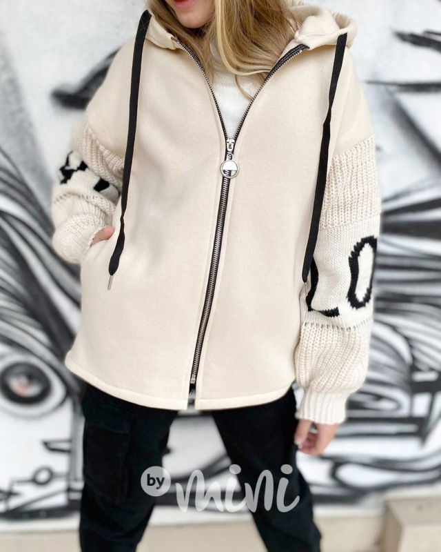 LOVE teplá mikina se svetrovými rukávy béžová