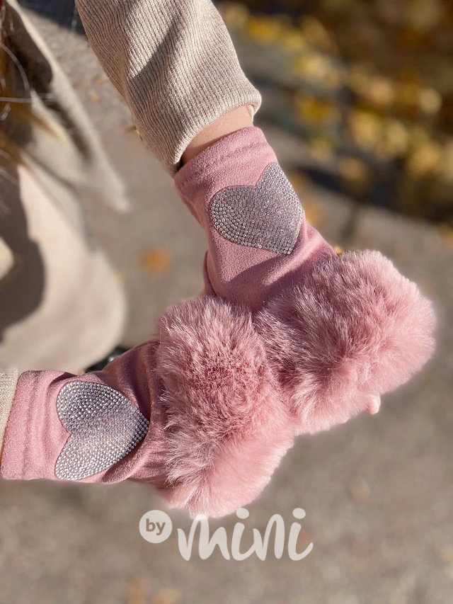 Chlupaté rukavičky HEART růžové