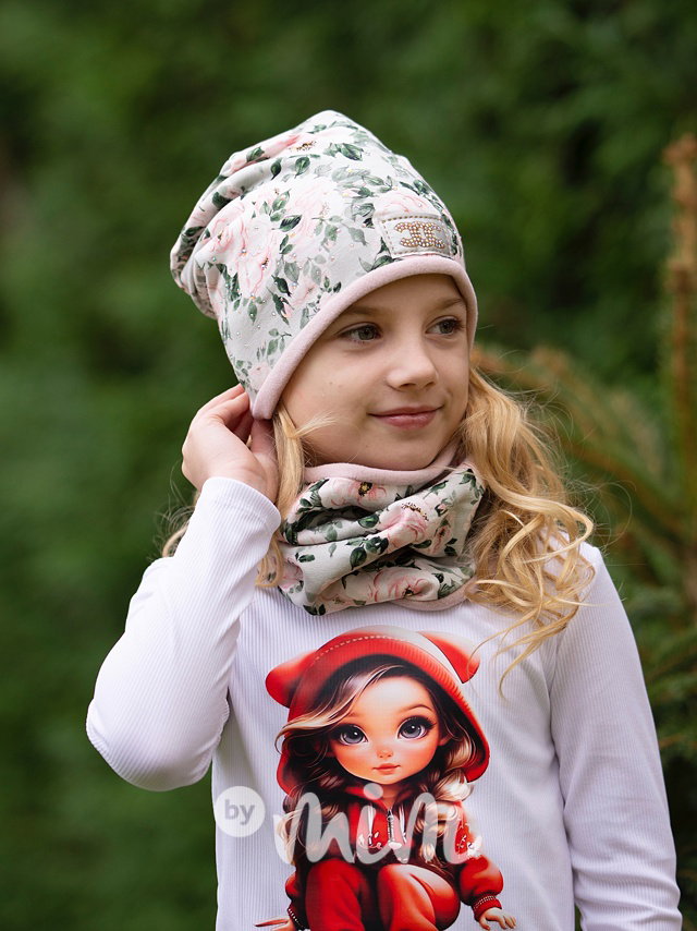 Flower beanie zdobená kamínky + nákrčník
