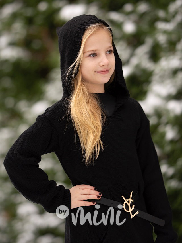 Svetrové hoodie šaty s páskem černé