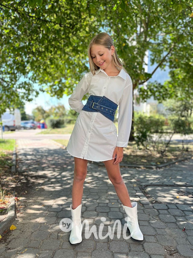 Long košile s denim páskem bílá